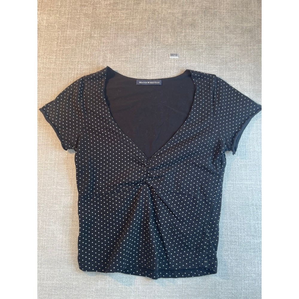 Brandy Melville Black Polka Dot Ruched V-Neck Short Sleeve Top One Size - Picture 5 of 6